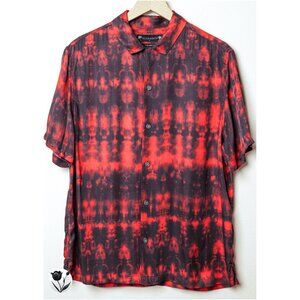 AllSaints Aurora SS Shirt S Red Black Tie Dye Button Up Relaxed Fit Viscose